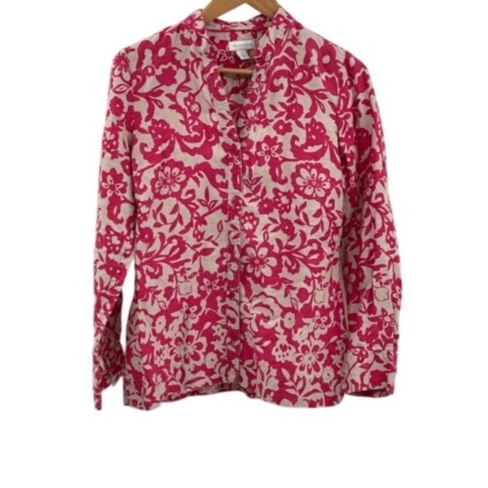 Charter Club Linen Button Down Top Women Size Medium 8 Pink‎ Floral Long Sleeve